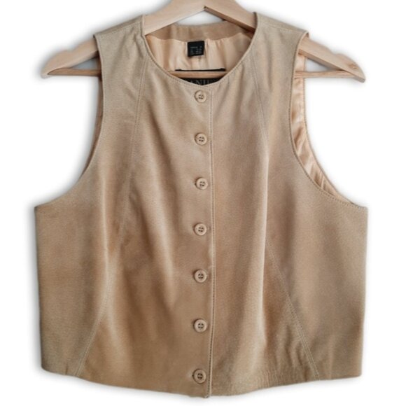 DANIER 100% Genuine Suede Leather Vest Button Down Cream Beige Sz S - Picture 1 of 14